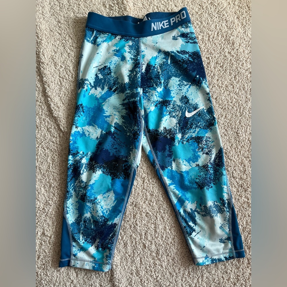Youth Nike Pro Dri-Fit YL Capri Active Leggings Blue Abstract
